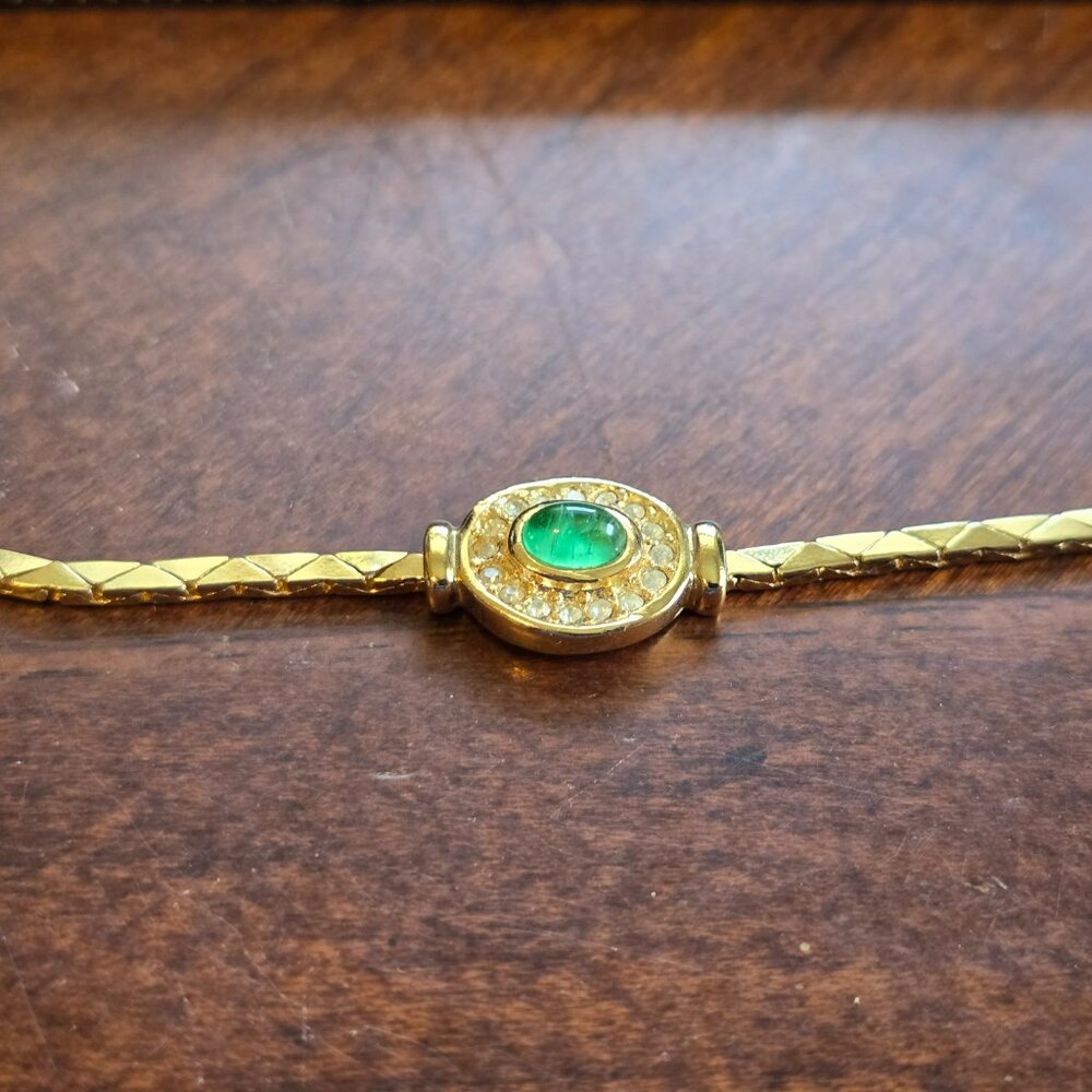 Christian Dior Bracelet Green Cabochon Crystal Gold Plated SIGNED VINTAGE Pretty - Picture 2 of 16
